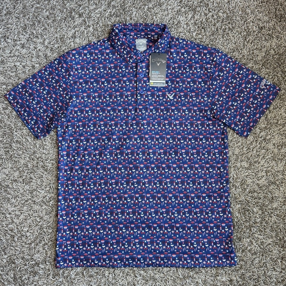 Callaway Golf July 4th Themed Polo Shirt Men's Medium Blue Opti Dry USA America